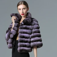 fursarcar 2021 new natural rex rabbit fur jacket with collar purple color short winter women coat fashion chinchilla fur outwear