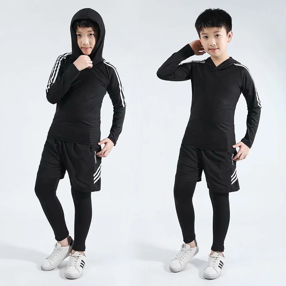 3 piece set - hat Детский боксерский компрессионный комплект, Джерси+ штаны, Детские баскетбольные майки для бега, плотные штаны, спортивная одежда для подростков Рашгард MMA - Цвет: 3 piece set - hat