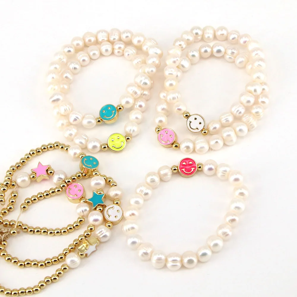 

5 шт., оптовая продажа, роскошные ювелирные изделия, браслет с жемчугом, украшенный бисером, браслет со смайликом, стрейчевый браслет, подарок для девушки вечерние