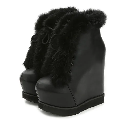 

HOT Women Boots 2019 Winter Faux Fur Fashion Wedges Heels Shoes Woman Boots Platform Warm Snow Luxury Ladies Ankle Boot Black