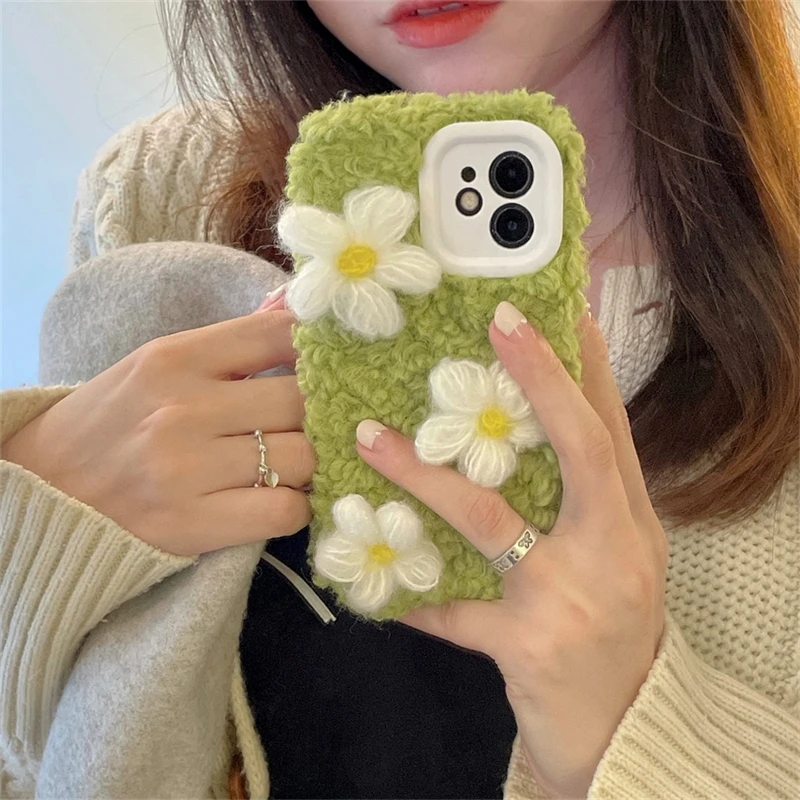 

Korean Aesthetic Plush Flower Phone Case for IPhone 11 12 13 Pro XS Max X XR 7 8 Plus Luxury Winter Soft Shockproof Back Cover