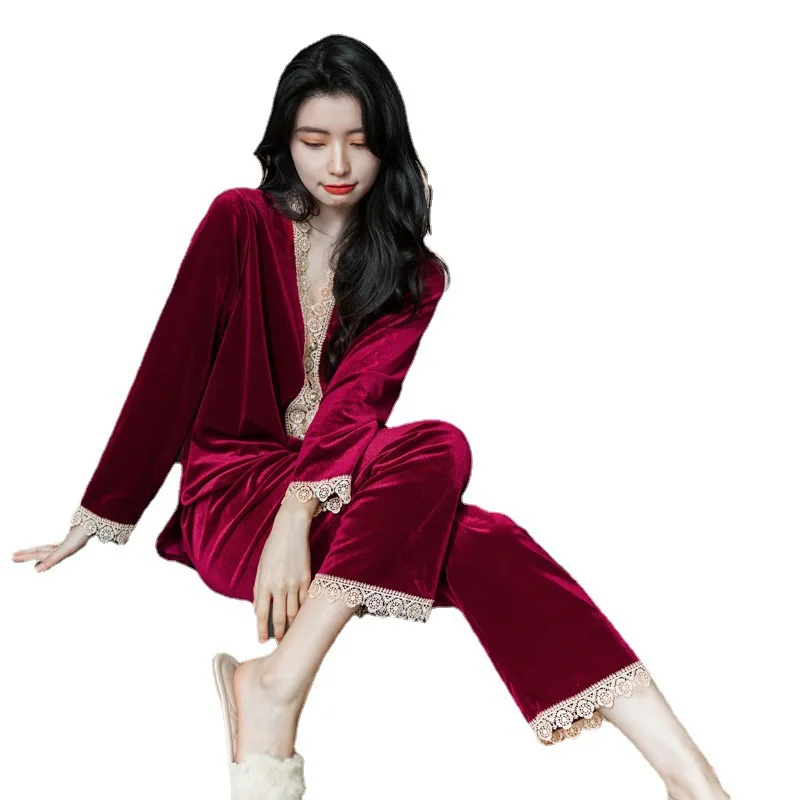 

Autumn and Winter Gold Velvet Pajamas Women's Long-sleeved Cardigan Lace Suit Homewear Nightwear Women Velvet Tops for Women