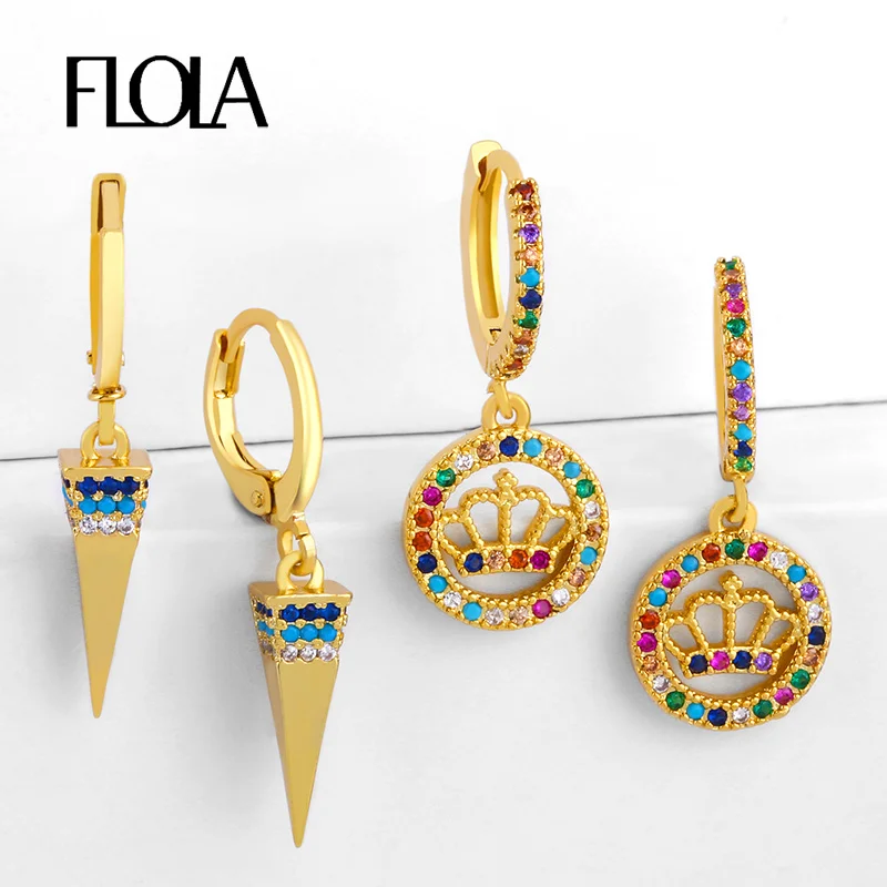 Женские серьги гвоздики с радужной короной FLOLA золотистые маленькие фианитом