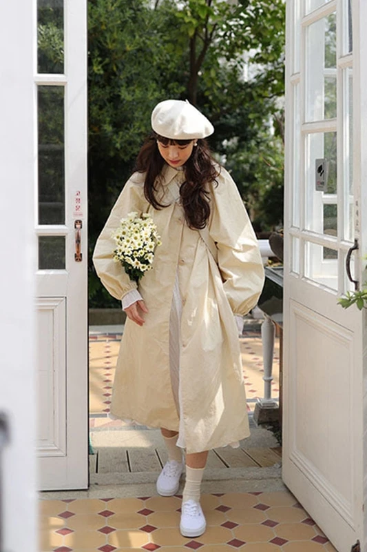 

Japanese style peter pan collar long trench coat for woman plus size lanter sleeve single breasted women's windbreaker