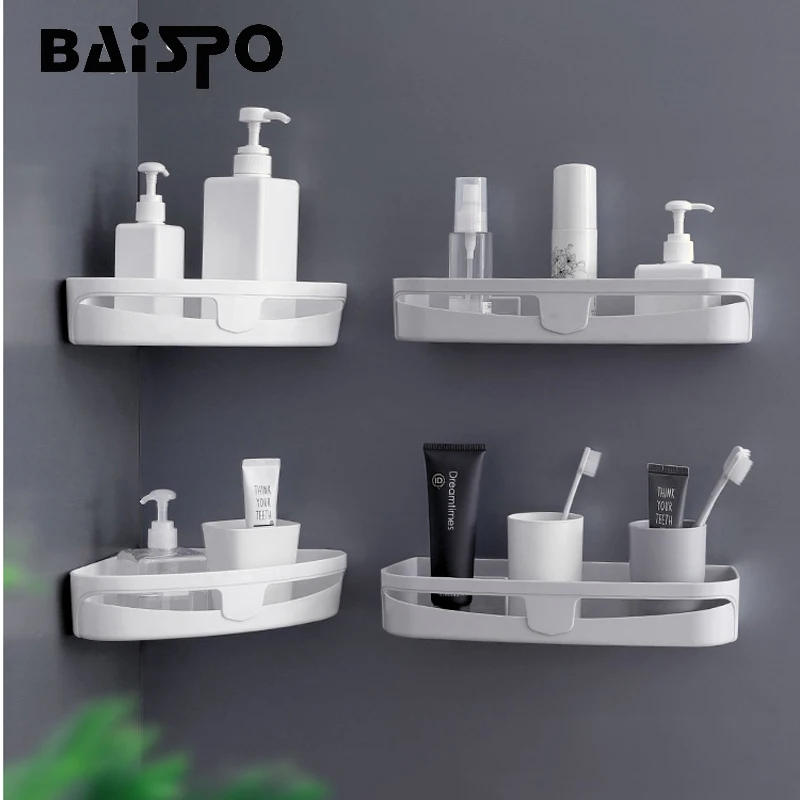 BAISPO Bathroom Seamless Corner Frame Free Punching Plastic Storage Rack Kitchen Bathroom Universal Storage Box Quickly Drain