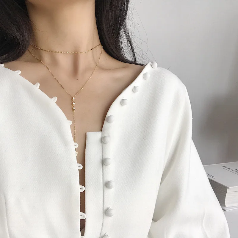 

100% Authentic 925 Sterling silver Gold Double rows Layered Square &Star zircon Pendant Drop "Y" Necklace FINE Jewelry TLX778