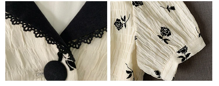 

Rose Print Business Suit and Dress Women's Adult Lady like Woman Waist Slimming Graceful Puff Sleeve Small A- line Skirt