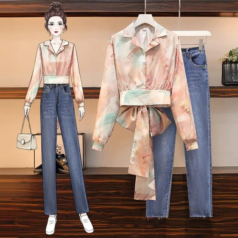 

Women's Pants Autumn Traf Korean Style Tie Bow Long-sleeved Shirt Light-colored Jeans Fashion Cute Casual Suit Y2k Women's Jeans