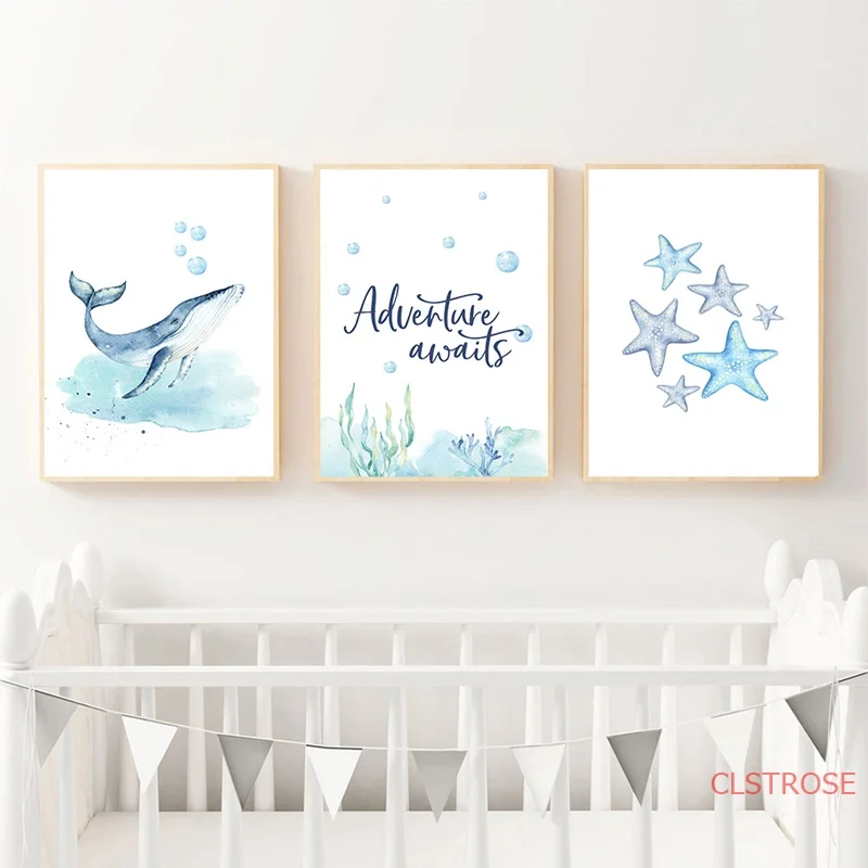 Плакат с морским морем мультяшный корабль Китом холст картина для детской