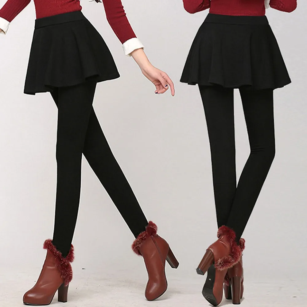 

Women Sexy Slim Leggings Pants Skinny High Waist Plus Velvet Thicken Stretch Slim Pencil Trousers With Skirt Fake Two Pieces