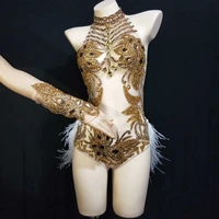 glitter gold rhinestones sleeveless women bodysuits drag queen white feather backless romper singer wear stage costume outfit