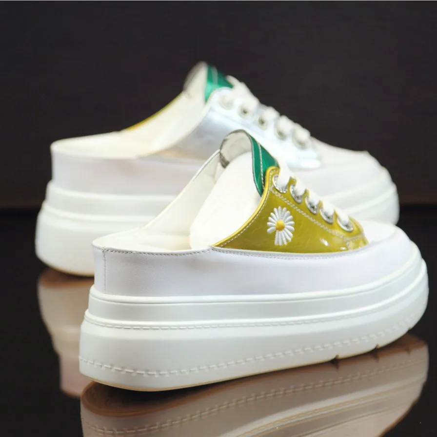 

Women Half Shoes Sneakers 2020 Summer Leather 8cm High Heels Slippers Casual Lace Up Woman Sneakers Shoe Fashion Summer Slippers