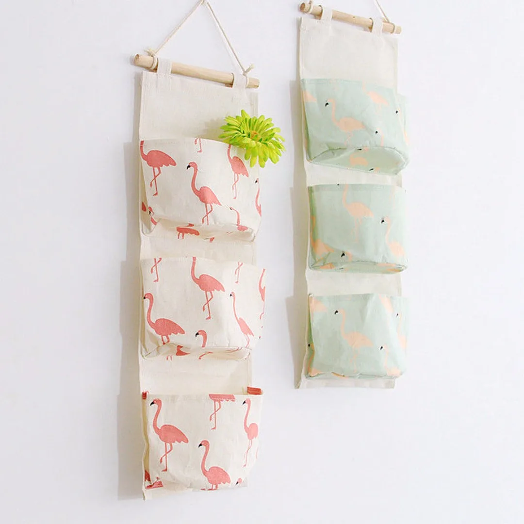 Льняная 3 слойная сумка для хранения с фламинго льняная настенная кармана