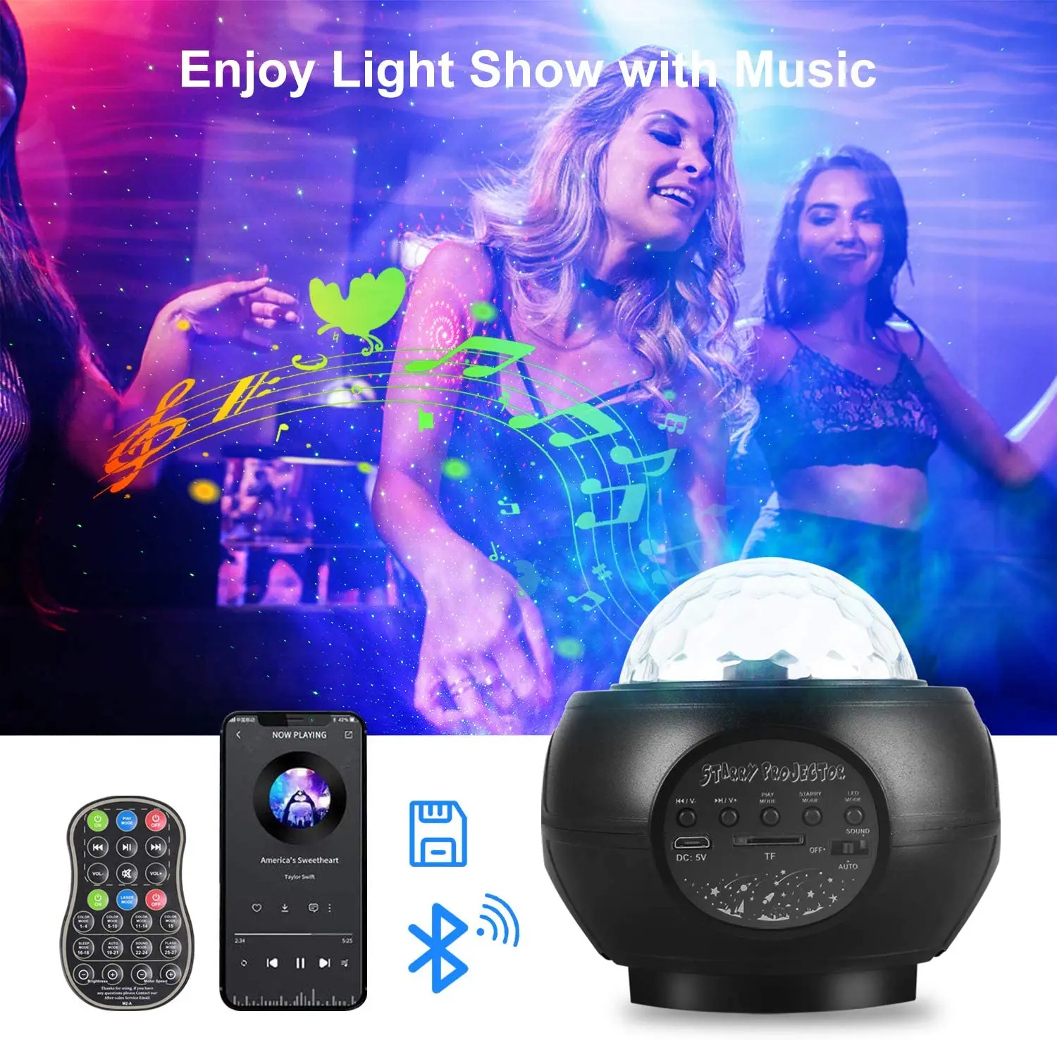 Проектор звездного неба с Bluetooth ночник вращающейся звездой туманностями волнами