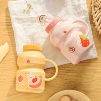 cartoon ceramic cup cute bear strawberry mug pink straw drinking cup 420ml girl portable indoor heat resisting milk coffee cup