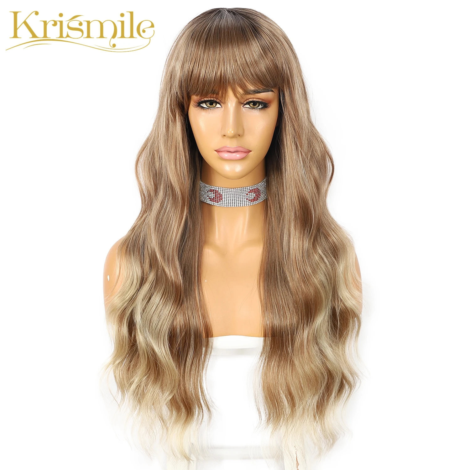 

Long Deep Wave Ombre Blonde Machine Made Wig with Bangs Heat Resistant Fiber Cosplay Wig Hair Simulated Scalp Party for Women