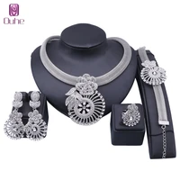 luxury 4pcs crystal bridal wedding banquet flower jewelry set dubai silver color women party costume accessories