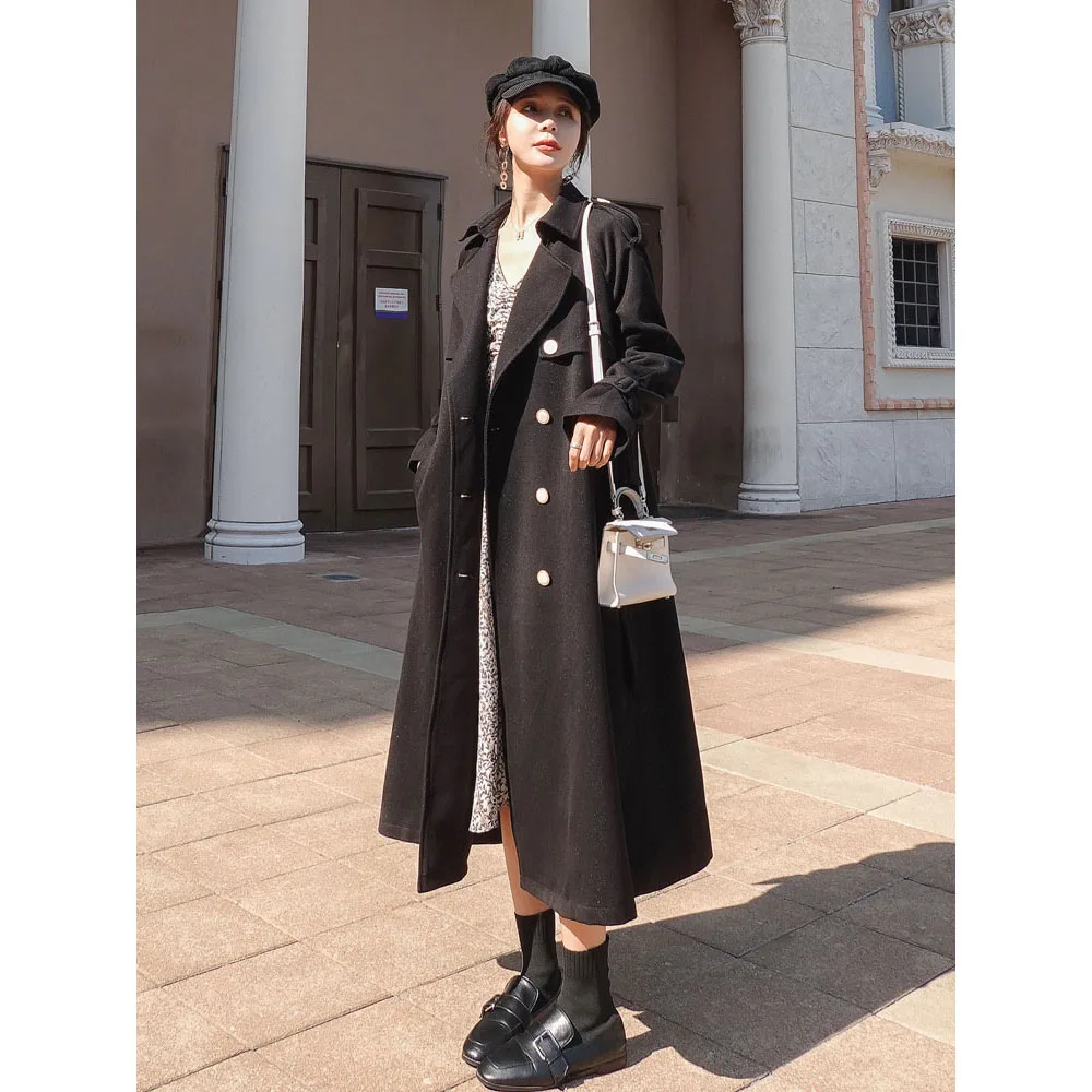 Женский двубортный Тренч с поясом длинное пальто в британском стиле отложным