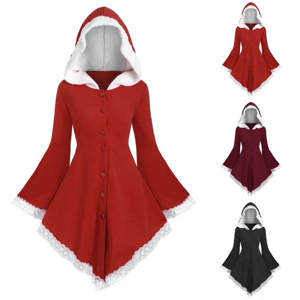 Зимнее женское платье в стиле ретро однотонное с капюшоном и пуговицами теплое