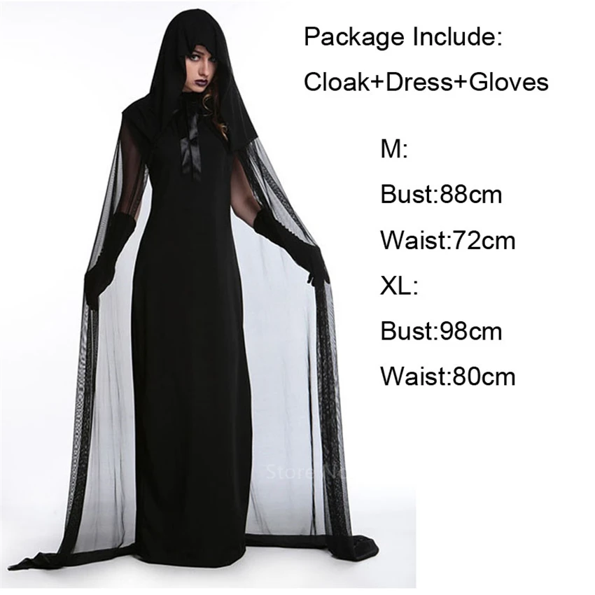 Vampire Day of The Dead Witch Gothic Bride Scary Costume Women Halloween Dress Carnival Party Horror Devil Spooky Fancy Cloak