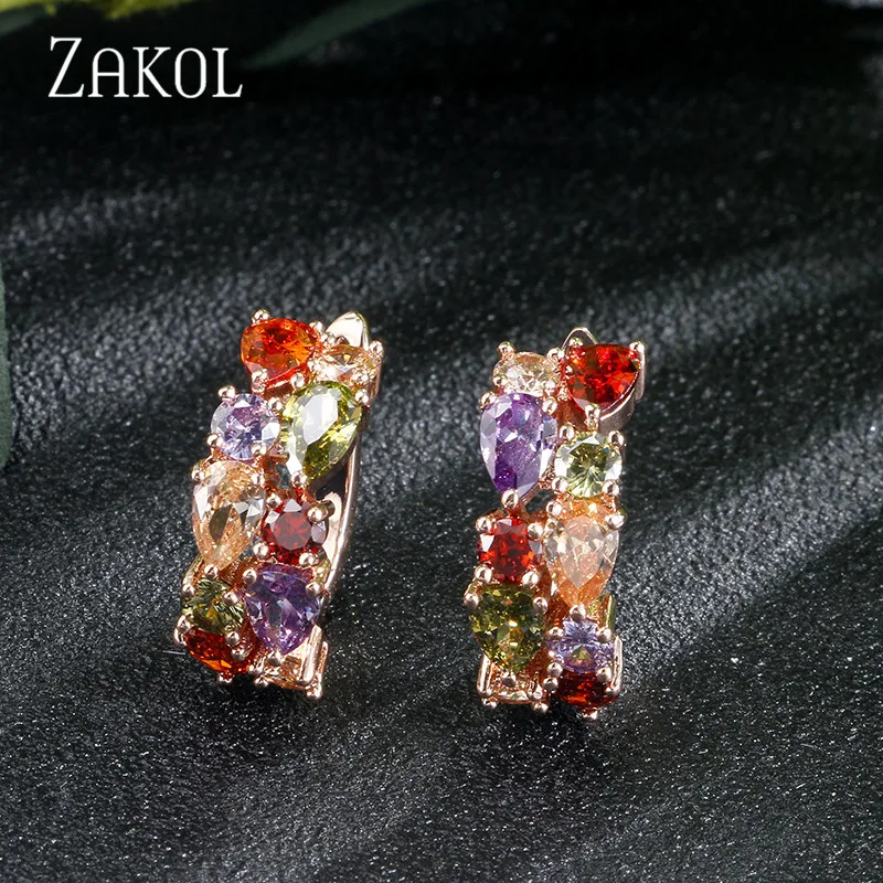 ZAKOL, модные серьги-гвоздики, розовый, золотой цвет Цирконий, Мона Лиза, Разноцветные серьги с кристаллами для женщин, свадебные ювелирные изделия, FSEP094 - Окраска металла: Multicolor Gold