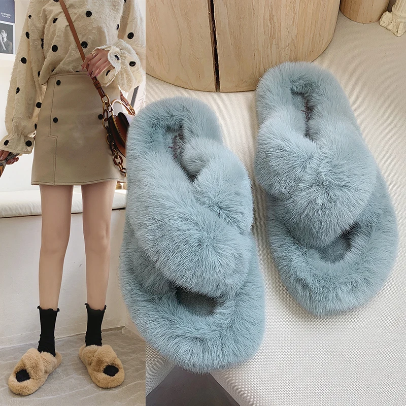 YIdemusha Winter Women Home Slippers with Faux Fur New Fashion Warm Shoes Woman Slip on Flats Female Slides Black Casual | Обувь