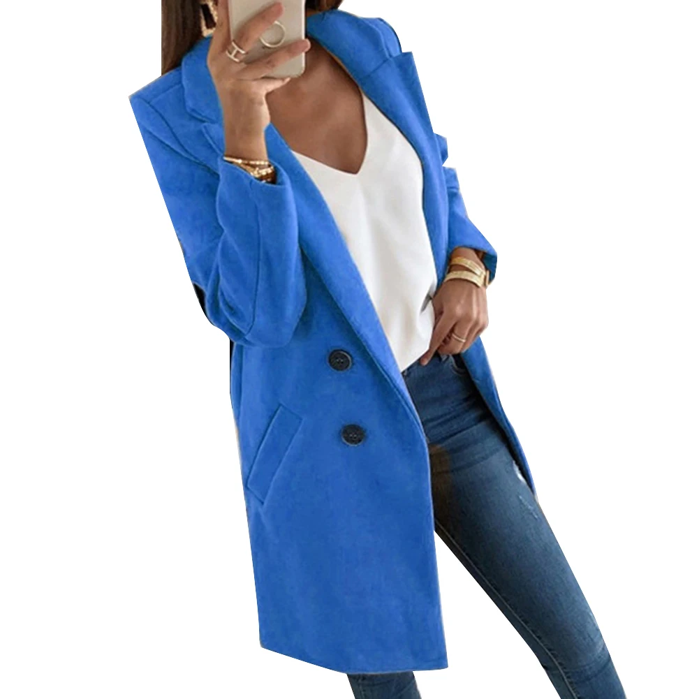 

Hot Solid Color Fashion Women Long Sleeve Lapel Slim Fit Pocket Button Overcoat Coat