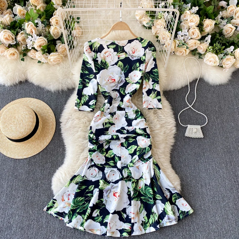 

Low Sexy Collar Flower Printed Mermaid Party Dress Women Elegant Square Collar High Waist Bodycon Vestidos Female Spring Autumn