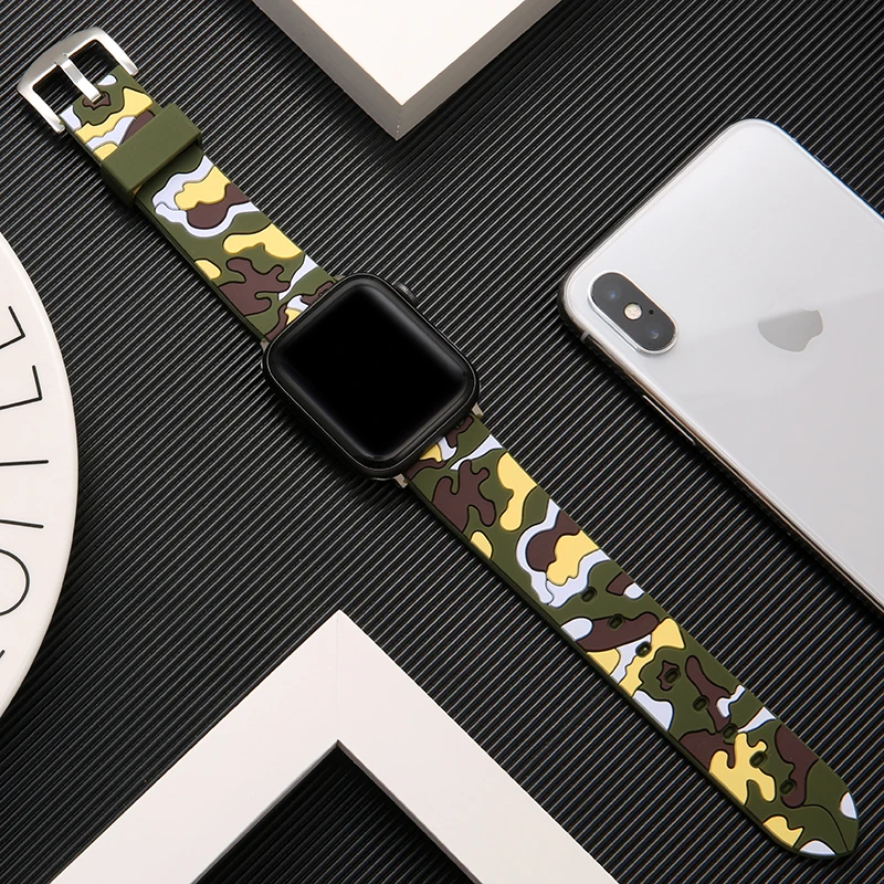 Камуфляжный ремешок для Apple watch 4, 5, ремешок 44 мм, 40 мм, iWatch 42 мм, 38 мм, силиконовый спортивный браслет, ремешок для Apple watch 5, 4, 3, 21