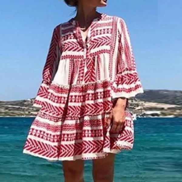 Red Lipswag 2XL женское платье с принтом и оборками, лето, модное пляжное платье в стиле бохо, повседневное свободное осеннее платье, элегантное женское платье с геометрическим рисунком, сарафан - Цвет: Red