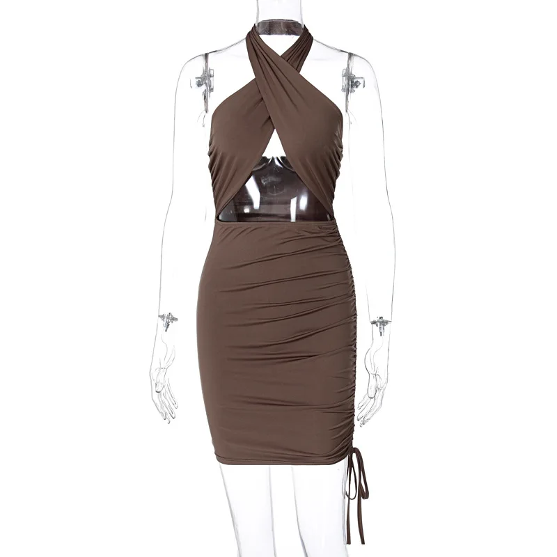 

Sleeveless Halter Crop Tops Drawstring Ruched Skirts Women Sets Two Piece Casual Backless Mini Skirts Bodycon Streetwear Outfits