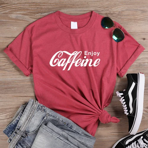 HeatherRed-White ONSEME, женская уличная одежда, повседневные футболки, Enjoy Caffeine, футболка с буквенным принтом, женские Забавные футболки Cola, Harajuku, базовая хлопковая футболка - Цвет: HeatherRed-White