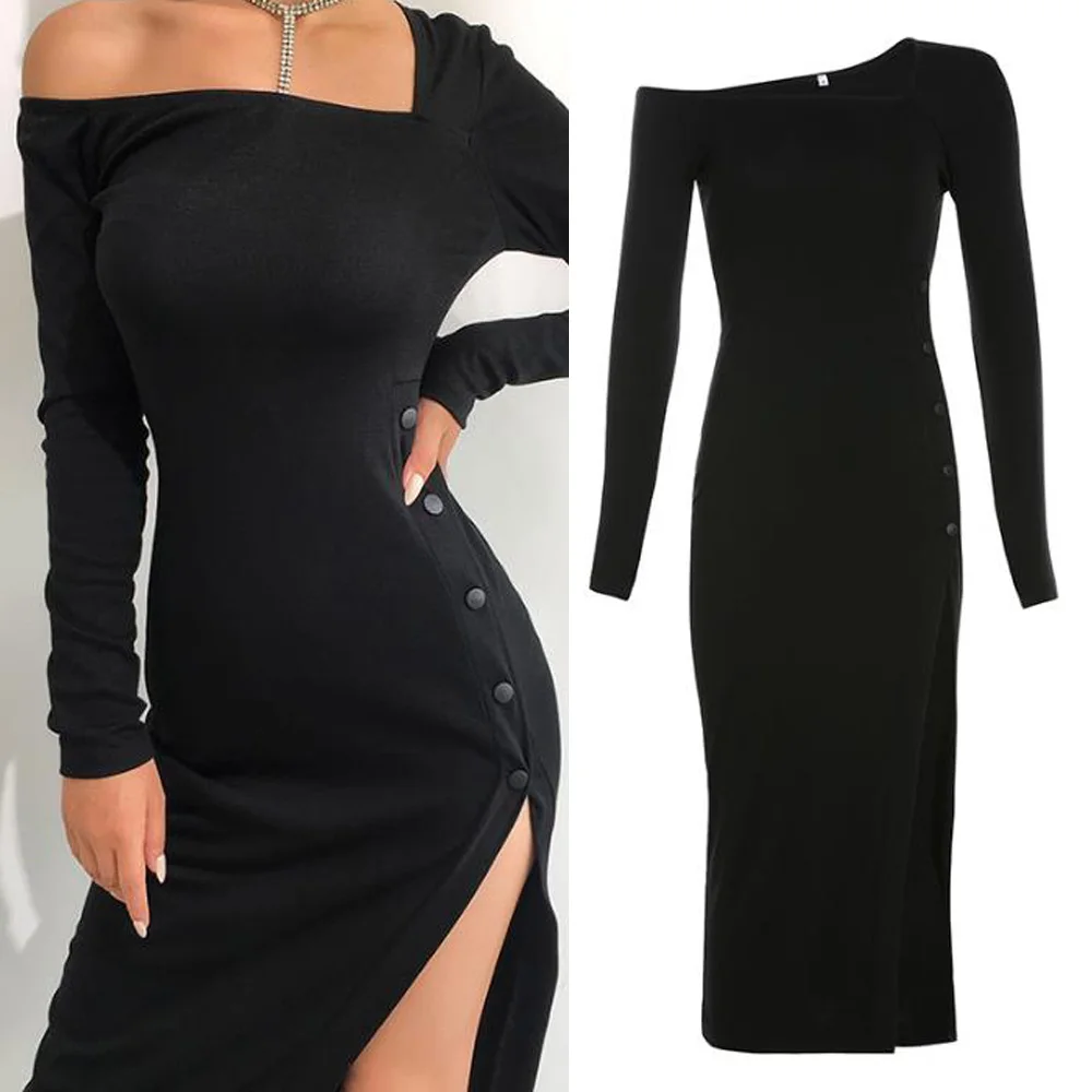 Женское трикотажное платье миди с длинным рукавом и разрезом|Женские платья| |