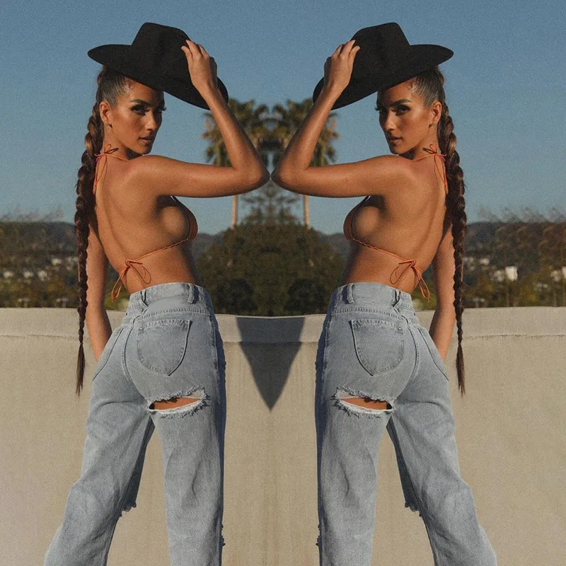 

Women Casual Jeans Fashion Hole Pants High Waist Straight Pant Slim Streetwear Femme Bottoms Lady Trousers 2021 New