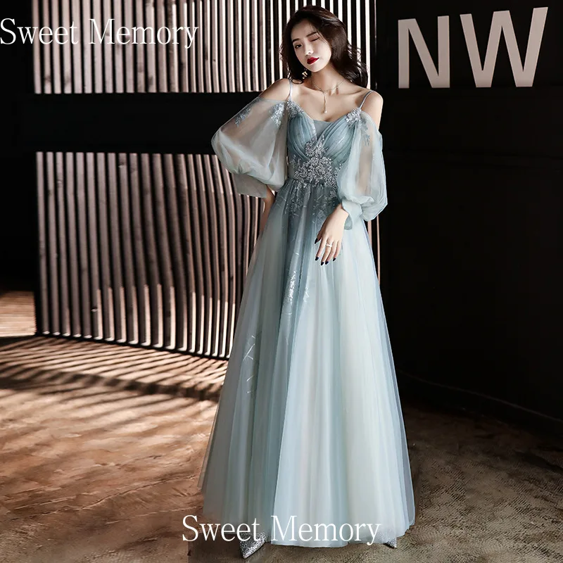

SW20170 Sweet Memory Women Lace Tulle Grey Green Bridesmaid Dress With Sleeves