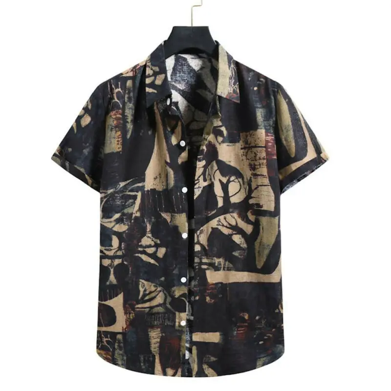 

Mens Vintage Printed Clothes Loose Casual Short Sleeve Shirt Summer 2021 Fashion Beach Black Shirts Hot Single Bbreasted Tops