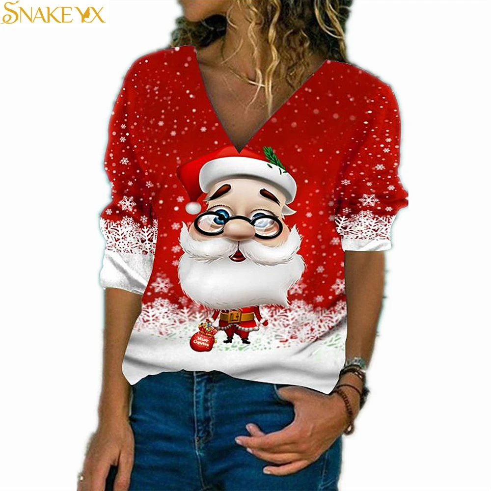 

SNAKE YX Oversized T Shirt Women Long Sleeve Santa Printed V-Neck Loose Top