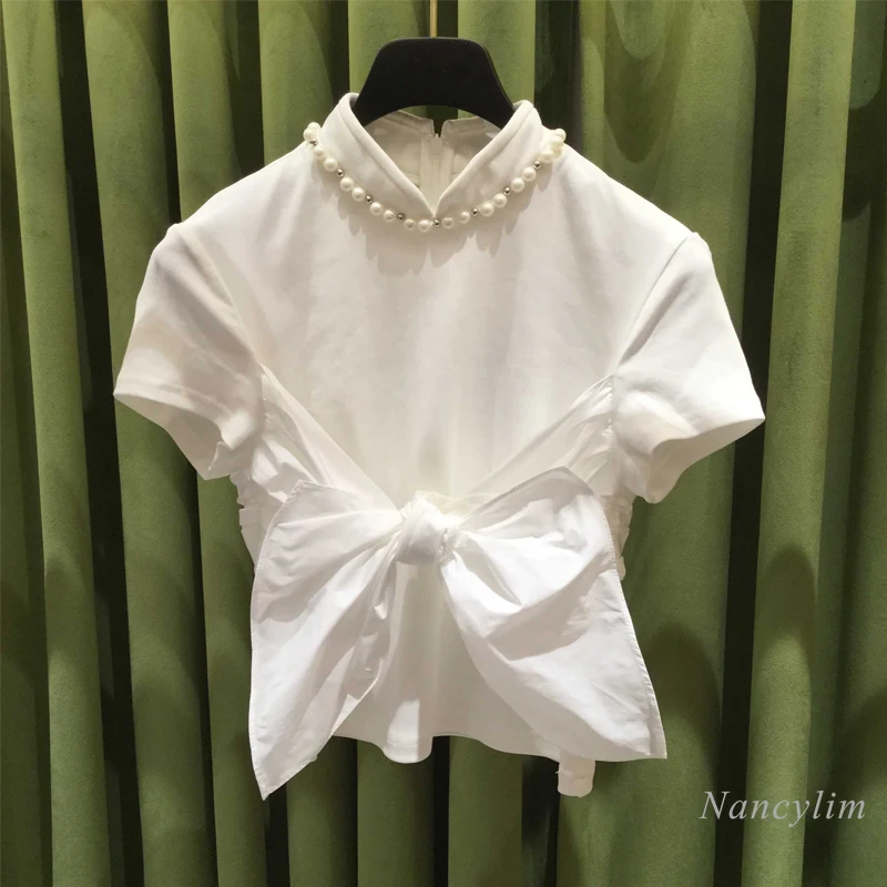 Temperamental Bow Tie Hem T Shirt for Women New Design Short Sleeve Pearl Beaded Stand Collar All-Match White T-shirts Top Femme