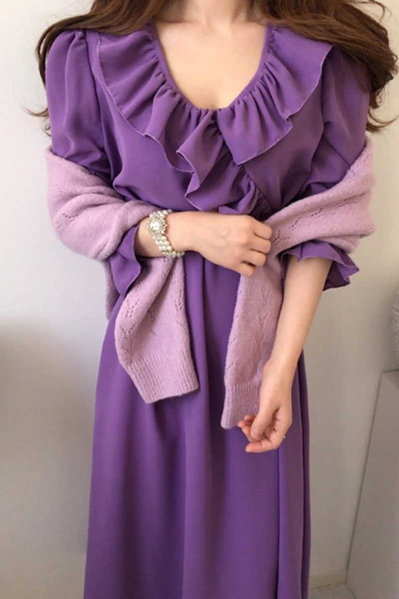 

ZOSOL Women's Korean-Style Chic French-Style Gentle Slim V-neck Ruffled Lace-up Solid Color Bell Sleeve Dress
