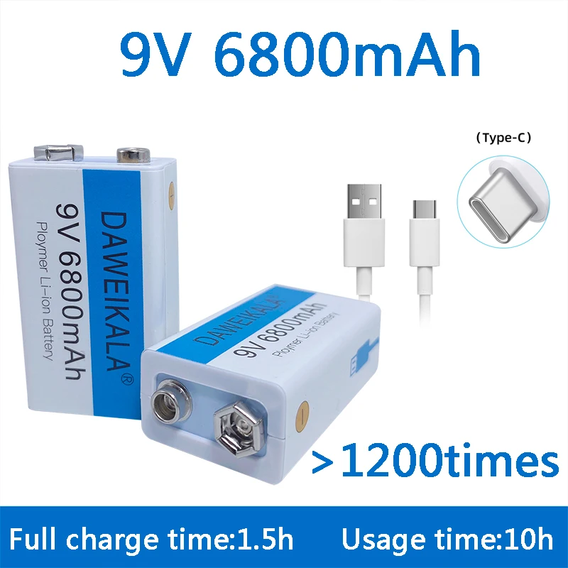 

9V battery 6800mAh li-ion Rechargeable battery Micro USB Battery 9 v lithium for Multimeter Microphone Toy +USB charging cable