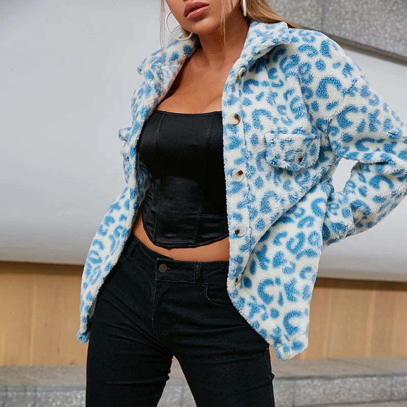 Fashion Women's Faux Fur Leopard Print Jacket Street Blue Soft and Cute Single-breasted Lapel Casual Jacket Autumn and Winter