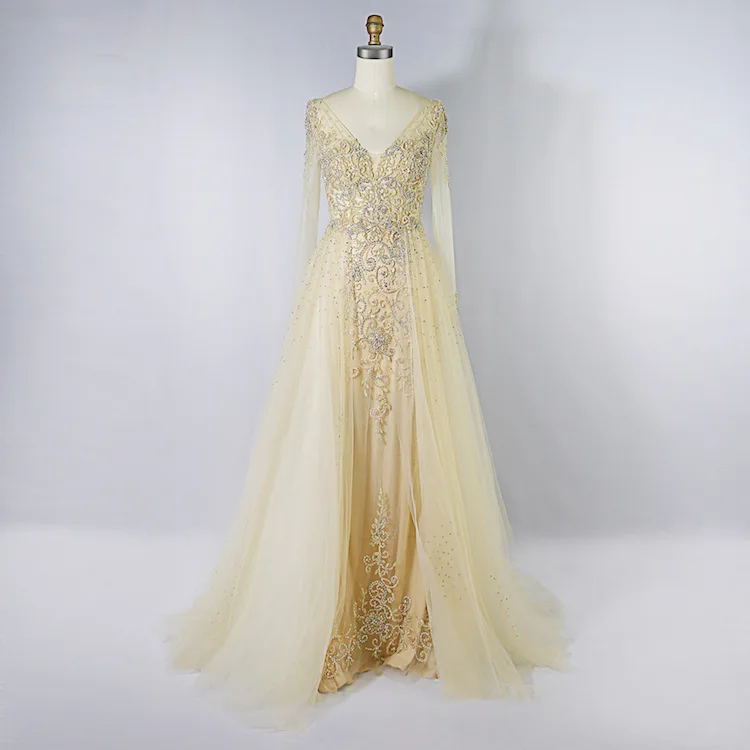 

Champange Long lace chiffon Evening Dress 2022 v-neck long sleeve Bronzing True picture luckgirls prom Dress mocini tailor