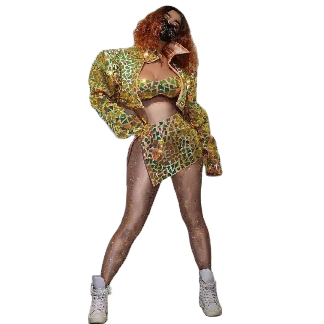 

Yellow Mirror Sequins Rhinestone Coat Tube Top Skirt Sets Women Party Nightclub DJ K-pop Dancer Singer Stage Show Outfits