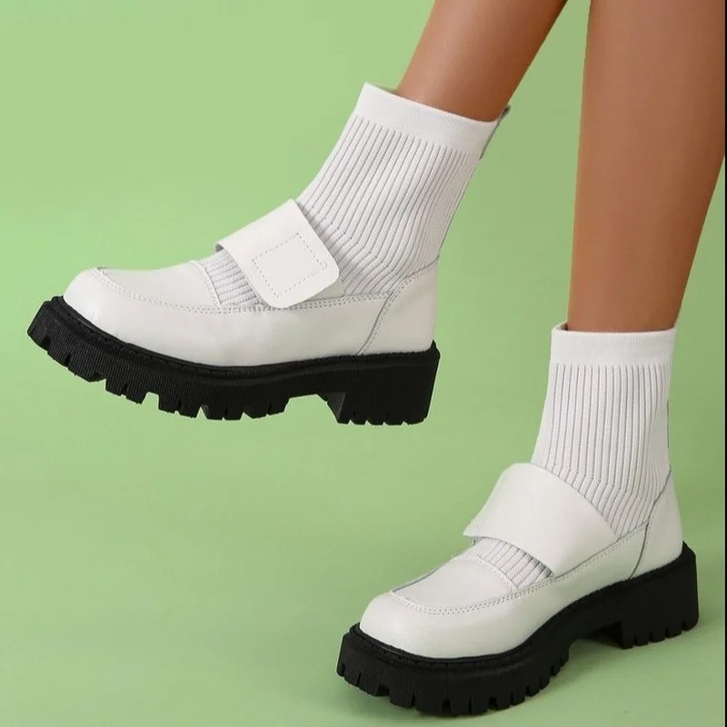 

2022 Women Oxfords Stretch Knitted Sock Ankle Boots Gothic Platform Shoes Female Slip On New Fashion Designer Black Short Boots