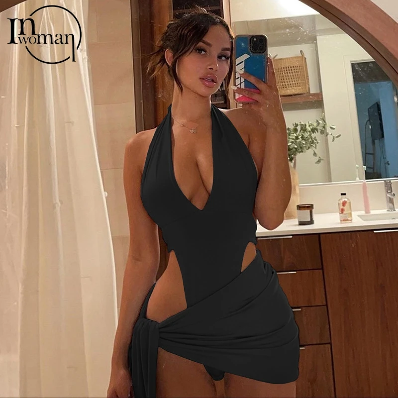 

INWOMAN Summer Beach Women Sexy Bodycon Top And Halter Mini Skirt Matching Sets 2 Two Piece Set Female Outfits Party Clubwear