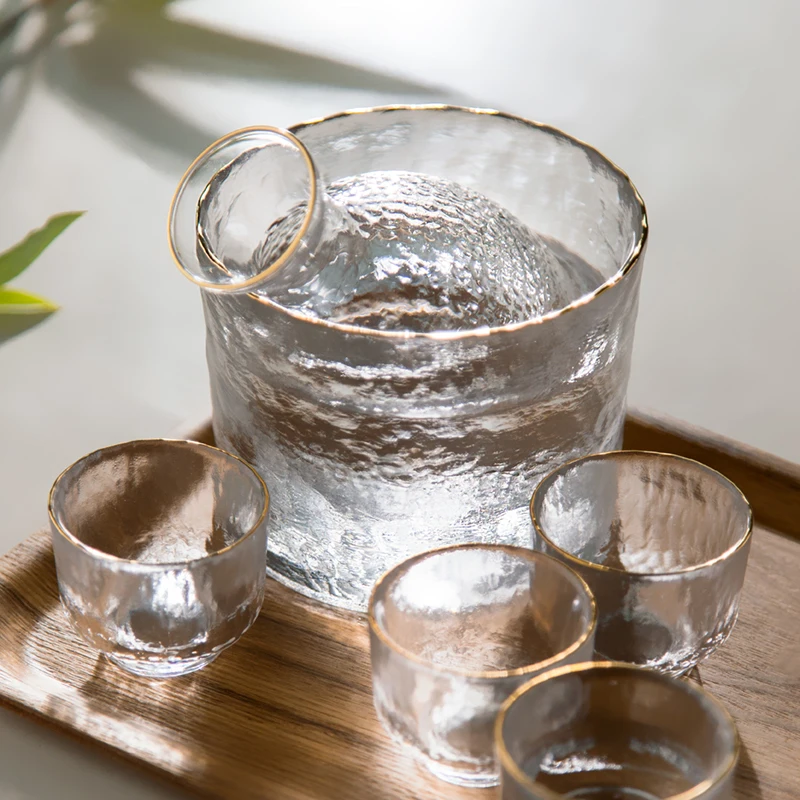 

Japanese Sake Set Hammer Pattern Glass Gold Rimmed Cup Wine Warmer Korean Soju Cup Tequila Pot Whisky Cup Domestic Wine Set
