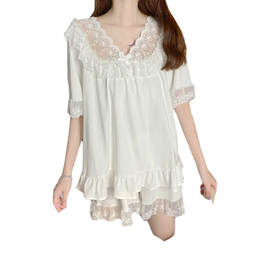 Pajama Women 2021 Summer New Korean Lace Nightgown Edge V-neck Short Sleeve Shorts Sweet Loose Home Wear 2Pcs Lady Sleepwear
