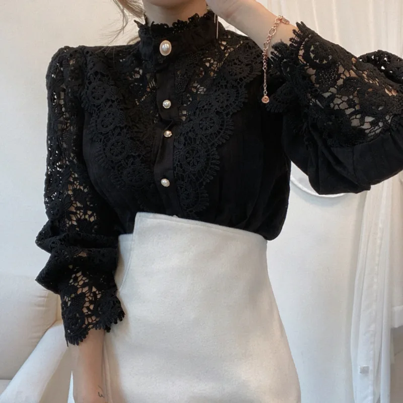 

Blouses Women Casual Elegant Shirt 2021 Summer Petal Sleeve Blouses Shirts Lady Lace Hollow Out Top Blusa Streetwear White Shirt