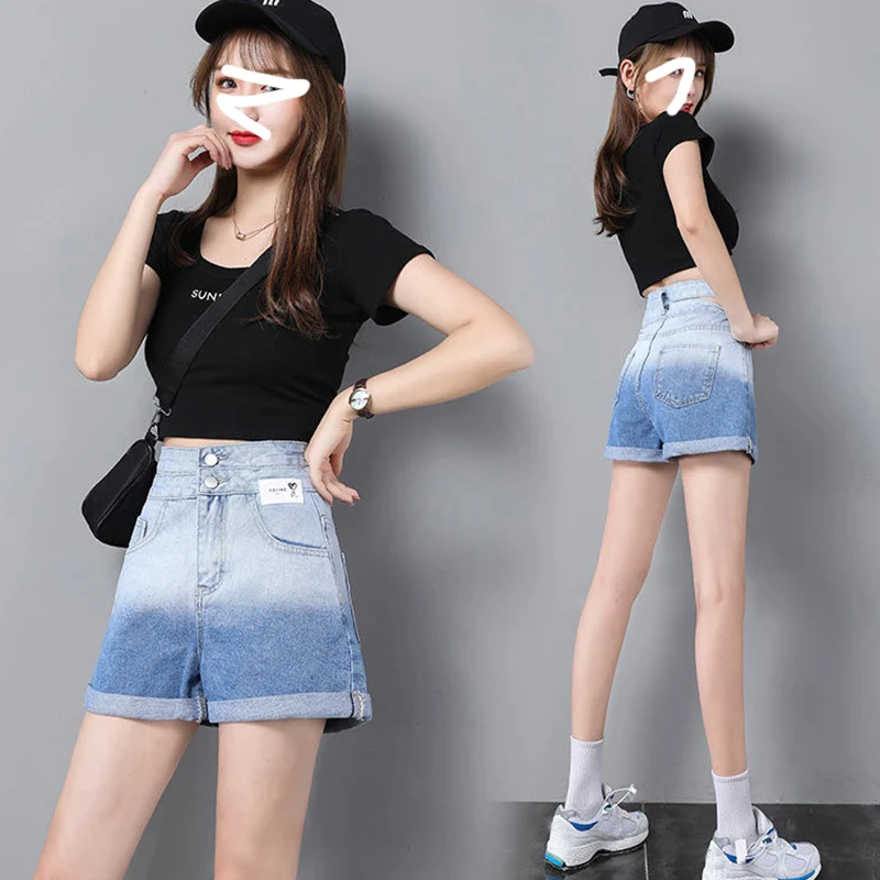 

Jean Shorts Women Summer High Waisted A-Line Wide Leg Pants Loose Rolled Fashion Gradient Denim Short Female Clothing