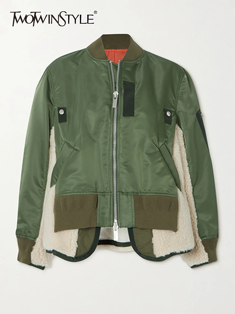 

TWOTWINSTYLE Casual Colorblock Thick Coat For Women Stand Collar Loose Long Sleeve Patchwork Zipper Coats Female 2021 Winter New